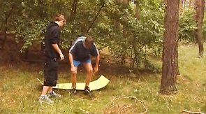 Hunk with cute face is swallowing sperm after outdoor sex