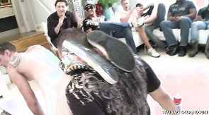 Black-haired party guy is getting cum on face
