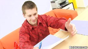 Beautiful twink in red shirt giving sloppy blowjob!