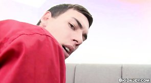 Sexy boy in red shirt being fucked in doggy style pose