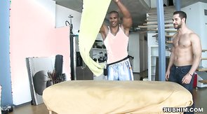 Sexy bearded man smiling during hot shoulder massage!