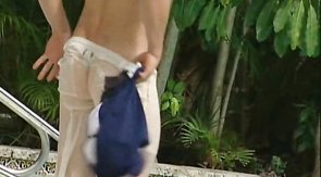 Elegant muscled buddy is showing off his dick in the shower