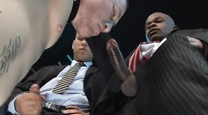 Perfect cocksucker is blowing two interracial dicks