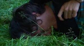 Tight ass is being fucked on the grass by a massive dick