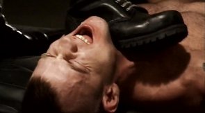 Two bald queers are nailing their shared boyfriend from behind