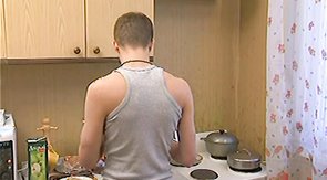 Skinny boyfriend is pulling out his wiener in the kitchen