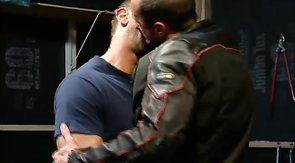 Seduced biker gives his mate a gorgeous blowjob