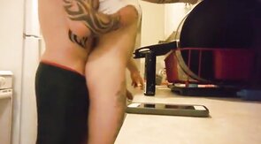 Tattooed Muscle Hunk Barebacks his Boy after Work