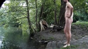 Skinny Dipping Hunk Gets Caught and Cums Outdoors