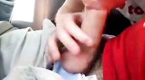 Sucking my buddy's cock in the car, he cums in my mouth - amateur video
