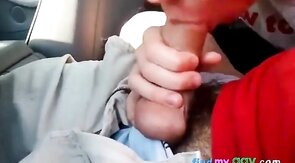 Sucking my buddy's cock in the car, he cums in my mouth - amateur video