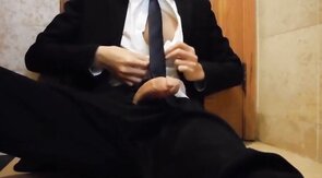 Bareback Student in the WC Takes a Cum Tribute Handjob
