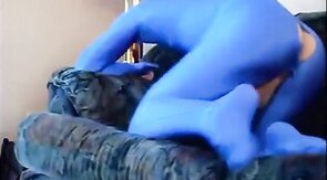 Masked Guy in Blue Zentai Suit Strokes Big Cock