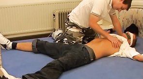 Roped guy is getting a good blowjob by his master