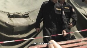 Cock-swallowing soldier is blowing three wieners