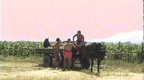 Two muscular farmers are ramming their shared boyfriend outdoors