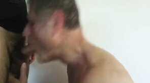 Daddy's throat gets fucked by a big cock and filled with cum.