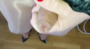 Shiny Nude Crossdresser in Pantyhose and Heels