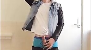 Twink cums hard while jacking off in college dorm room