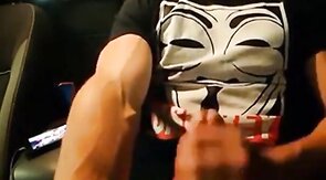 Big-Cocked Man Strokes in Car While Watching Porn