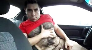 Hairy Latino Stud Strokes in His Car