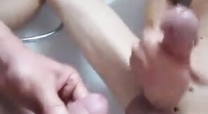 Pissing and cumming on my big-dicked buddy made him explode