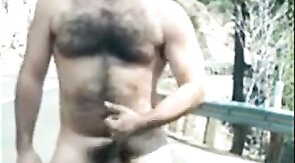 Hairy Man Masturbating Outdoors by the Road