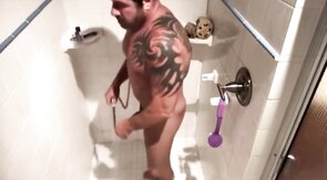 Big-cock Latin amateurs bareback anal in the shower after the gym.