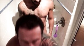 Big-cock Latin amateurs bareback anal in the shower after the gym.