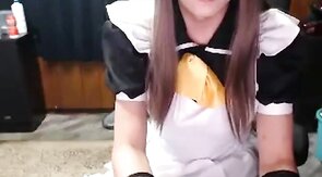 Asian Crossdresser Jerks Off in Costume
