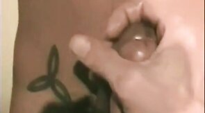 Playing with his big cock and cumming hard all over