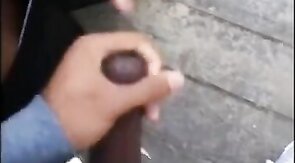 Black amateurs stroke big cocks outdoors