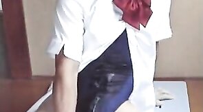 Swimsuit, 18-inch Dildo, and Cum with Asian Crossdresser