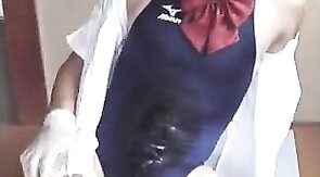 Swimsuit, 18-inch Dildo, and Cum with Asian Crossdresser