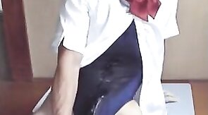 Swimsuit, 18-inch Dildo, and Cum with Asian Crossdresser