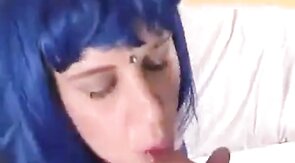Blue-Haired Crossdresser Sucks Amateur Cock