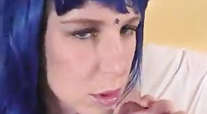 Blue-Haired Crossdresser Sucks Amateur Cock