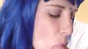 Blue-Haired Crossdresser Sucks Amateur Cock