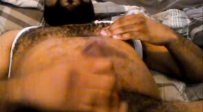 Hairy Black Man Jerks Off, Showing Off His Chest and Belly