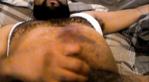 Hairy Black Man Jerks Off, Showing Off His Chest and Belly