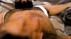 Hairy Black Man Jerks Off, Showing Off His Chest and Belly