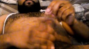 Hairy Black Man Jerks Off, Showing Off His Chest and Belly