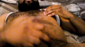 Hairy Black Man Jerks Off, Showing Off His Chest and Belly