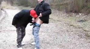 Bareback Fuck with Daddy and Younger Dude Outdoors