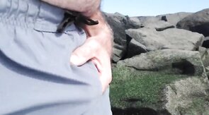 Hairy Bear Jerks Off on a Public Beach - Big Cum Shot