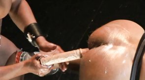 Good muscled boyfriend is being fucked by a massive dildo