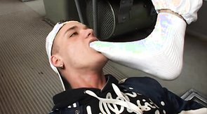 Impressive foot fetish and bareback sex in the bus!