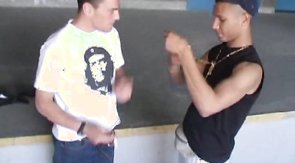 Two dudes are wanking their hard cocks in the car