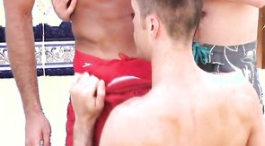 Skillful young guy is sucking two hard cocks simultaneously