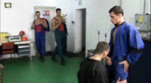 Muscled coworkers are enjoying group oral sex